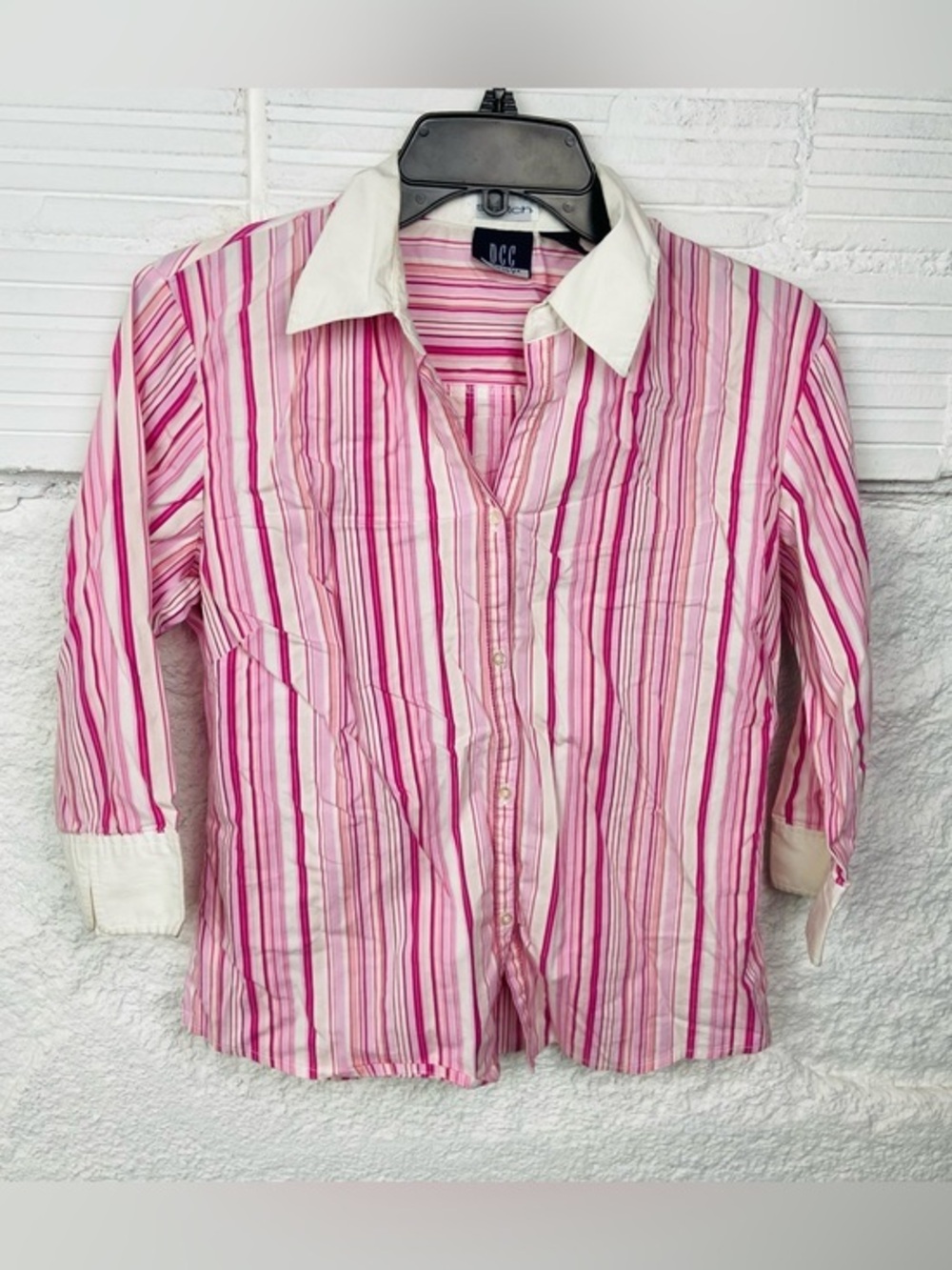 DCC Missy Y2K Pink & White Striped Stretch button blouse size medium